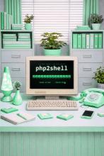 Retro-CRT-monitor waarop php2shell wordt weergegeven, met een groen vinkje bij elke PHP-versie van 5.4 tot 8.5 en de status ‘beveiliging actief, beschermd’, op een vintage mintgroen kantoorbureau.